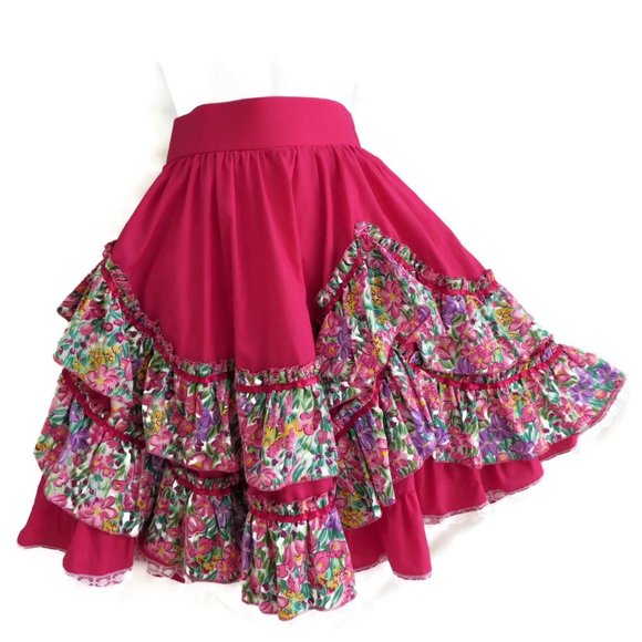 Vintage Dresses & Skirts - Vintage 70s Circle Skirt Square Dancing Ruffles Tiers Lace Ribbon Mixed Floral M